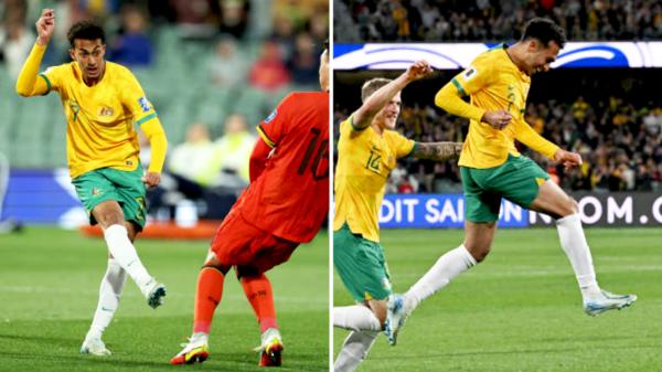 Watch Nishan Velupillay's first minutes and goal as a Socceroo