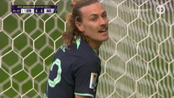 CHANCE: Jackson Irvine lurking around the far post | AFC Asian Cup Qatar 2023