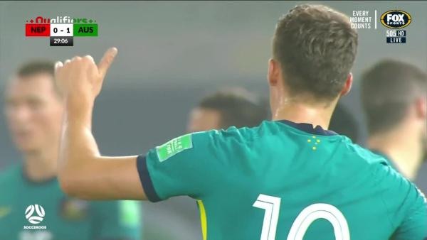CHANCE: Ajdin Hrustic's dangerous free-kick forces save | Australia v Nepal