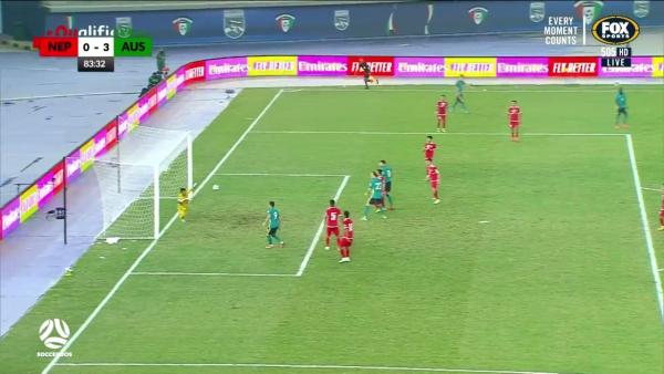 CHANCE: Jamie Maclaren has header on goal saved | Australia v Nepal