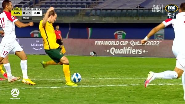 CHANCE: Jackson Irvine fires an early shot on goal | Australia v Jordan | FIFA World Cup 2022 qualifier
