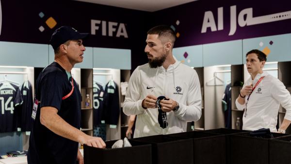 Milos Degenek fires up the boys before Tunisia win