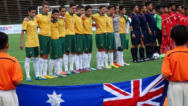 The Joeys sing the national anthem ahead of their recent clash with Myanmar.