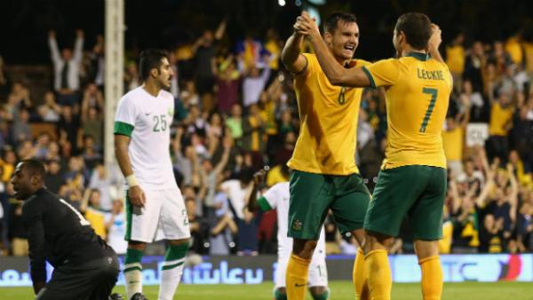 Socceroo defender Bailey Wright celebrates scoring against Saudi Arabia in September 2014.