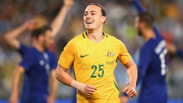 Jackson Irvine reacts to the Caltex Socceroos scoring against Greece in a 2016 friendly.