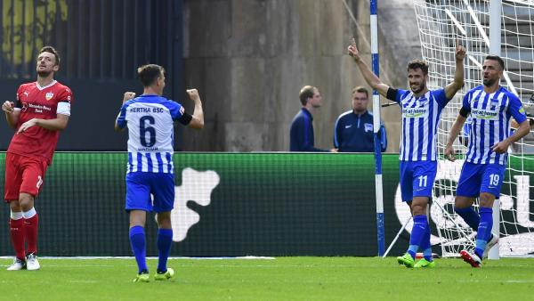 Caltex Socceroo Mathew Leckie celebrates one of his two goals in Hertha Berlin's 2-0 Bundesliga win over Vfb Stuttgart.