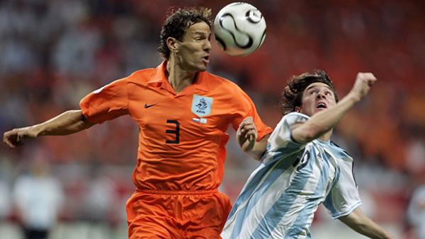 Dutchman Khalid Boulahrouz rises above Argentina's Lionel Messi when the two countries met at the 206 World Cup.