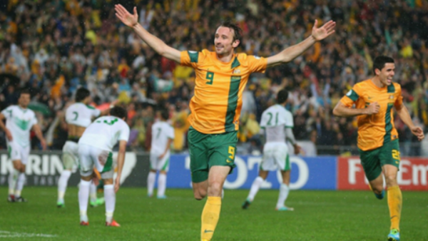 Josh Kennedy celebrates his header against Iraq which sent Australia to the 2014 World Cup.