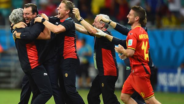 Wilmots celebrates with his team after Belgium's 2-1 victory over USA.
