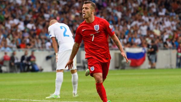 Jack Wilshere celebrates a goal for England.