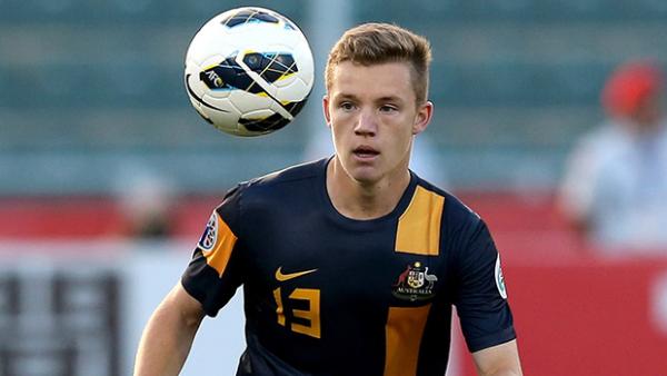 Scott Galloway in action for the Young Socceroos at the AFC U-22 Championship.
