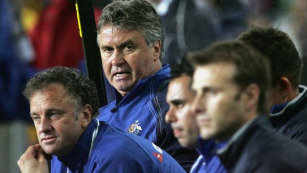 Guus Hiddink watches from the sidelines during the Socceroos home clash against the Solomon Islands in 2005.