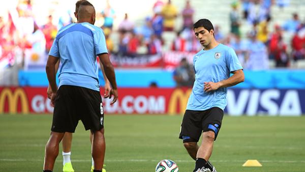 Luis Suarez trains prior to Uruguay's Group D loss to Costa Rica.