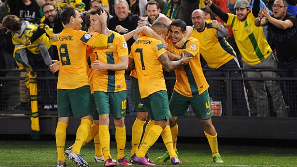The Socceroos celebrate Tim Cahill's goal
