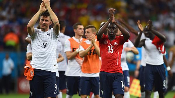 France celebrate after their crushing 5-2 victory over Switzerland.