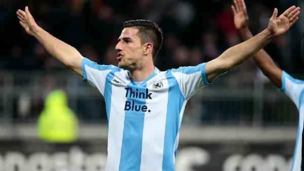 1860 Munich defender Milos Degenek celebrates a win in Germany's Bundesliga II.