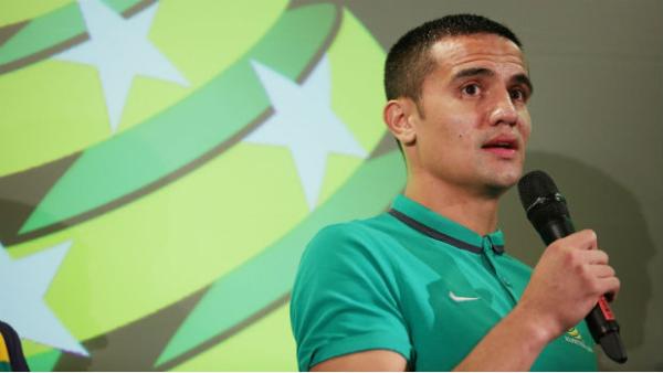 Socceroos striker Tim Cahill speaks at Parliament House on Monday.