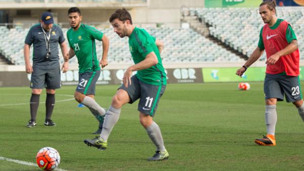 Tommy Oar on the ball during the Socceroos' 60-minute session.