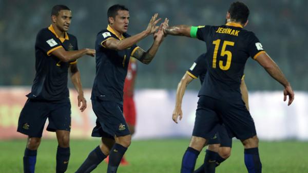 Socceroos players celebrate a goal in their 4-0 win over Bangladesh in November.
