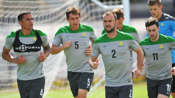 The Socceroos at their training camp in Melbourne on Sunday.