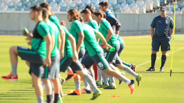 Ange Postecoglou puts the squad through their paces on Monday.
