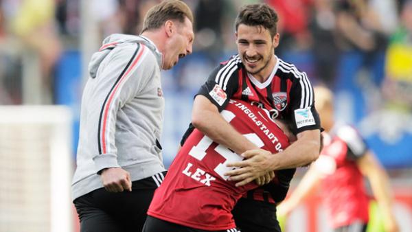 Mat Leckie celebrates after FC Ingolstadt win promotion to the Bundesliga.