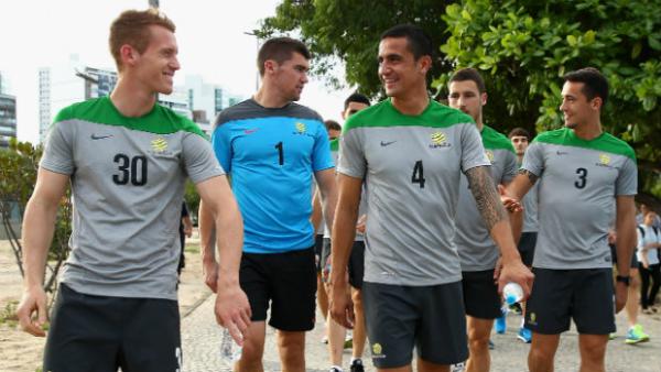 Socceroos Oliver Bozanic and Tim Cahill on a team walk at the World Cup in Brazil.