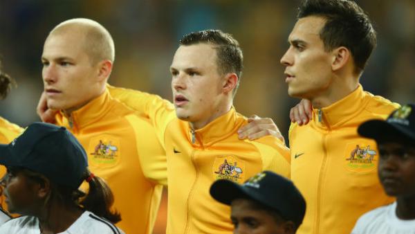 Caltex Socceroos Aaron Mooy, Brad Smith and Trent Sainsbury.