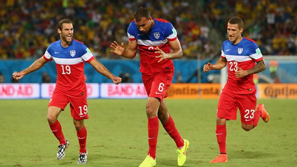 USA's John Brooks celebrates his match winner against Ghana in Group G.