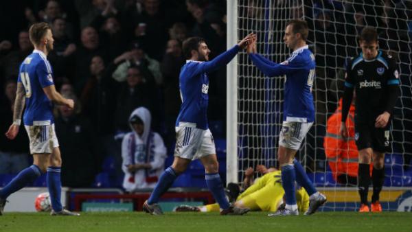 Tommy Oar celebrates scoring the opener for Ipswich Town against Portsmouth in the FA Cup.
