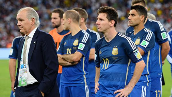 Argentina's coach Alejandro Sabella and captain Lionel Messi during the post-match presentations.