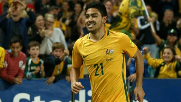 Caltex Socceroo Massimo Luongo celebrates scoring against Jordan in Sydney.