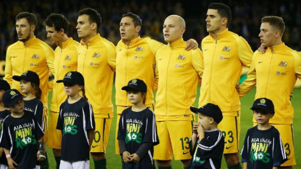 The Caltex Socceroos ahead of kick off against Greece at Etihad Stadium on Tuesday night.