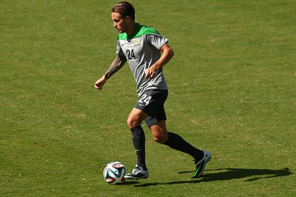 Adam Taggart works on his dribbling at the Socceroos training camp in Vitoria.