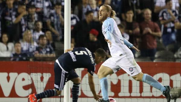 Melbourne City midfielder Luke Brattan celebrates scoring in Tuesday night's Westfield FFA Cup Semi Final.