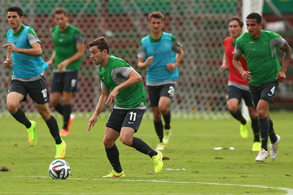Socceroo Tommy Oar controls possession during a team training session in Vitoria.