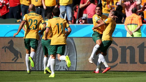 Cahill celebrates with his Socceroo team-mates after scoring his stunning volley.