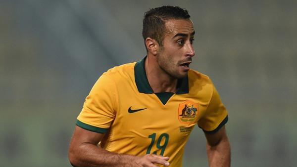 Tarek Elrich in action for the Socceroos against FYR Macedonia.