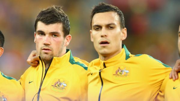 Socceroo Mat Ryan alongside teammate Trent Sainsbury.