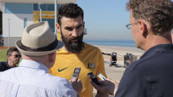 Mile Jedinak speaks to the media at the launch of the new Caltex Socceroos kit.