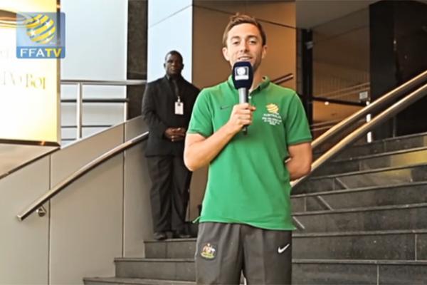 Socceroo Tommy Oar outside the team hotel in Vitoria.
