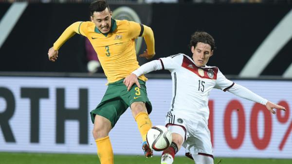 Davidson in action for the Socceroos in a recent friendly against Germany.