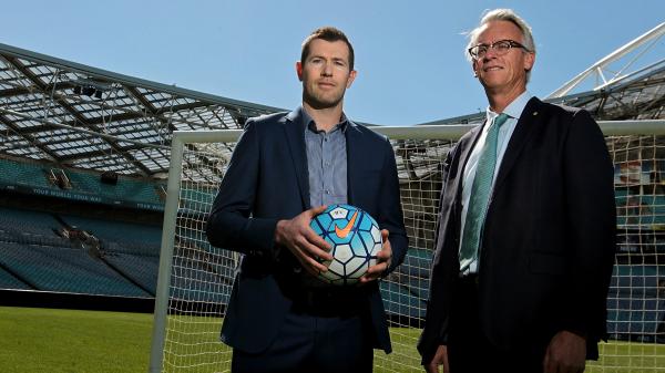 Former Caltex Socceroo Brett Emerton and FFA CEO David Gallop.