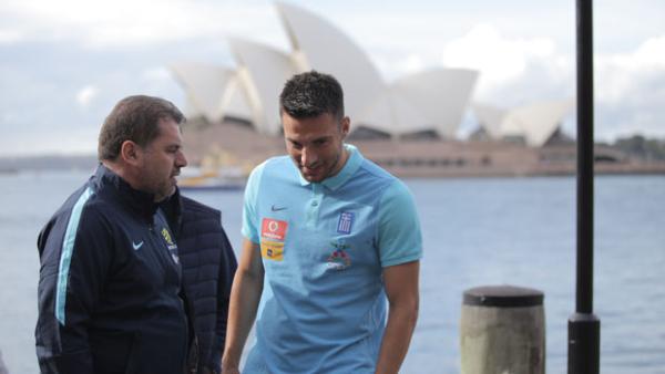Greek star Andreas Samaris with Socceroos boss Ange Postecoglou.