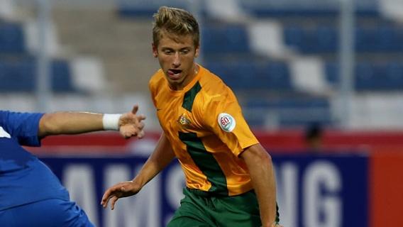 Midfielder Stefan Mauk in action for the Olyroos.