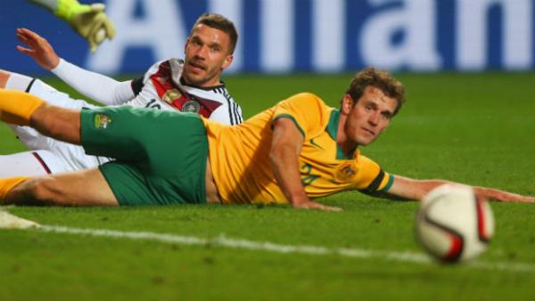 Defender Luke DeVere puts his body on the line when the Caltex Socceroos played Germany in a friendly in 2015.