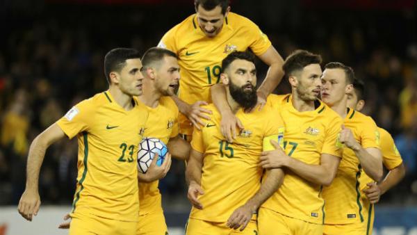 The Caltex Socceroos celebrate scoring against Japan in their World Cup Qualifier on home soil.