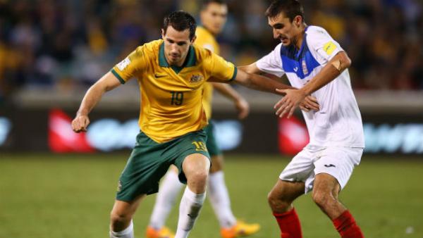 Defender Ryan McGowan on the ball in the Socceroos' World Cup qualifier against Kyrgyzstan.