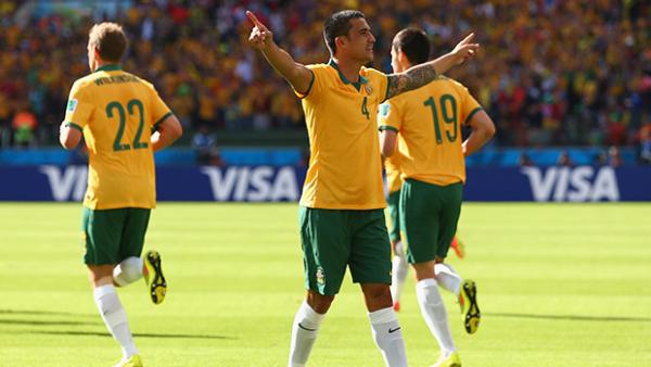Tim Cahill celebrates his stunning volley against the Netherlands.