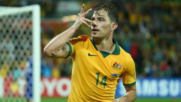 Socceroos midfielder James Troisi celebrates scoring against Kuwait.